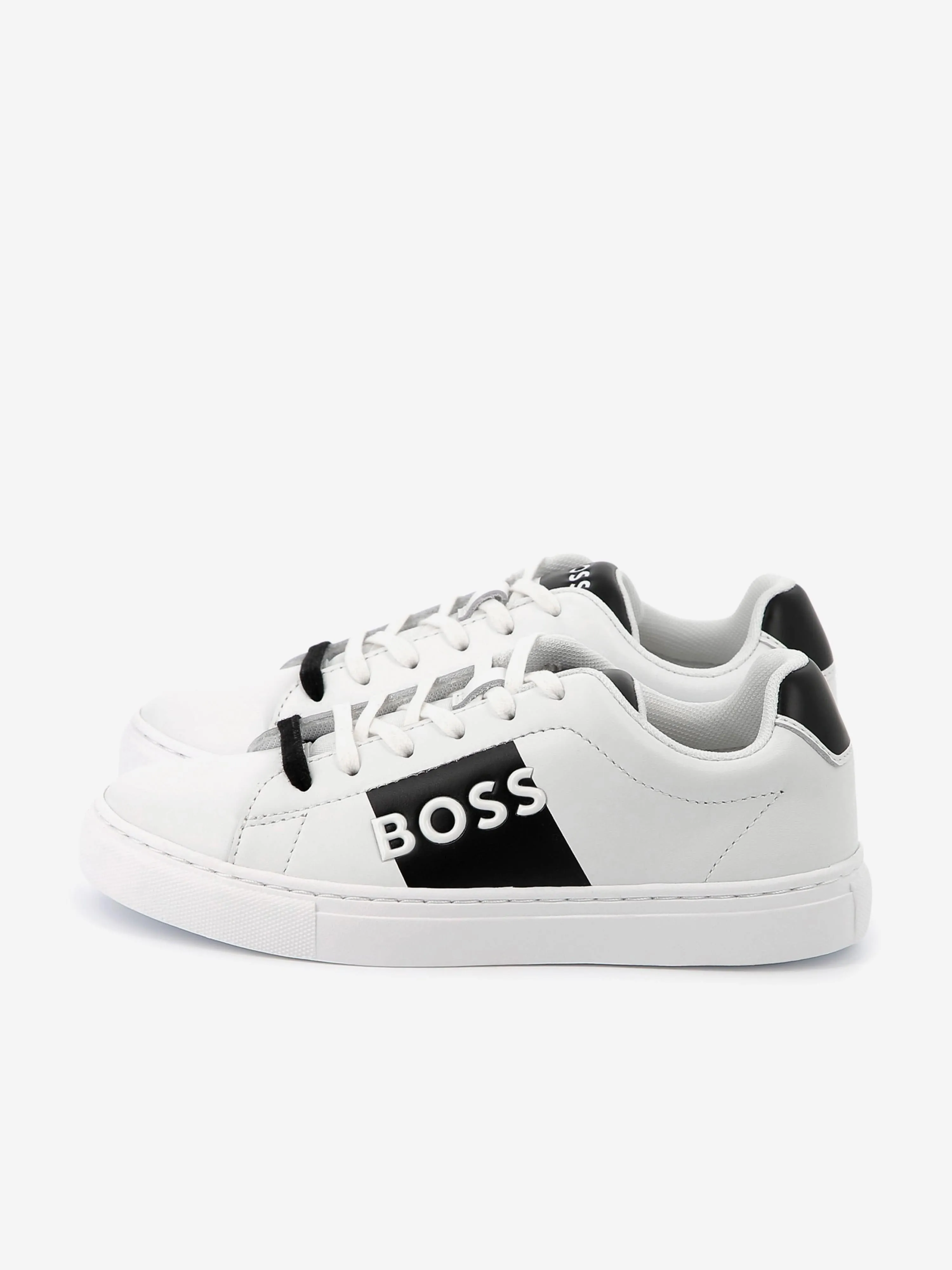 BOSS Boys Leather Logo Trainers in White