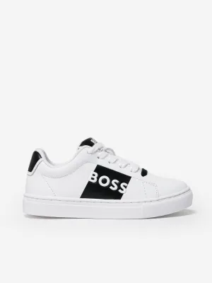 BOSS Boys Leather Logo Trainers in White