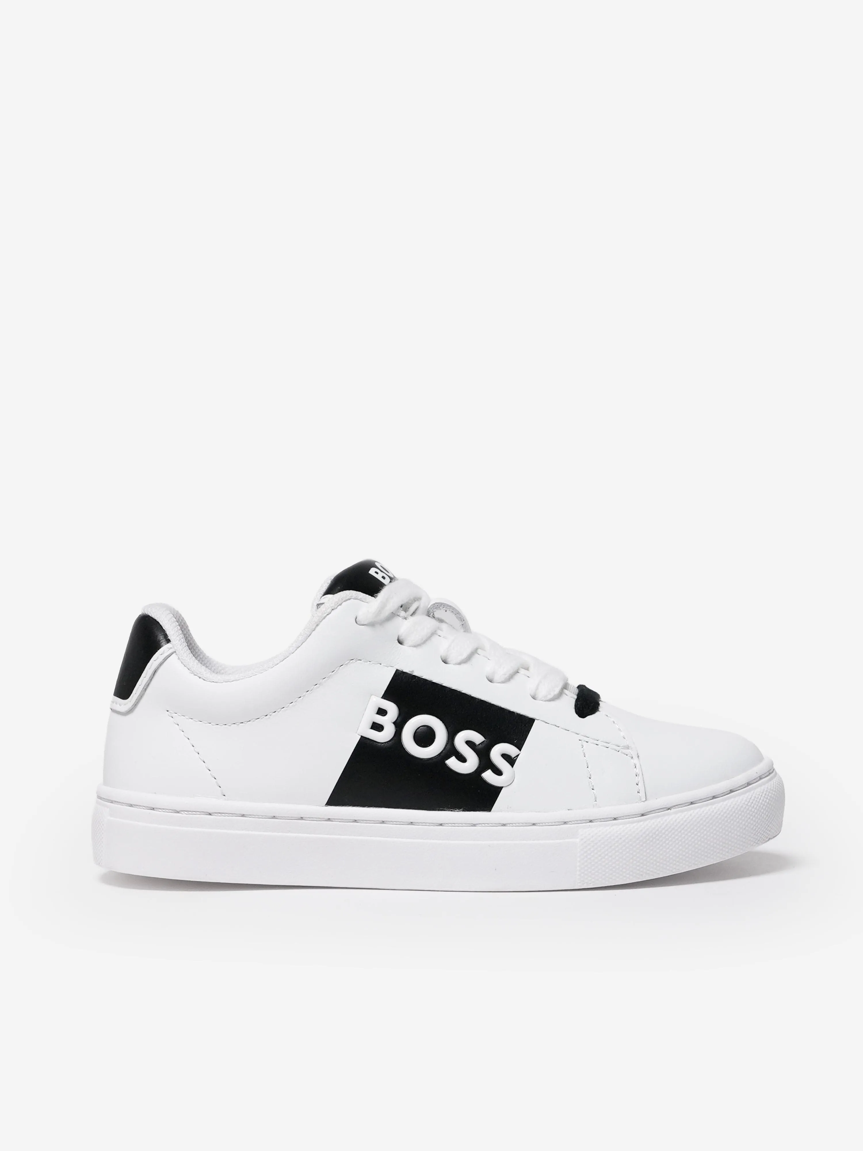BOSS Boys Leather Logo Trainers in White