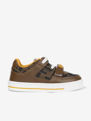 Kids Leather Jacquard Logo Trainers in Brown